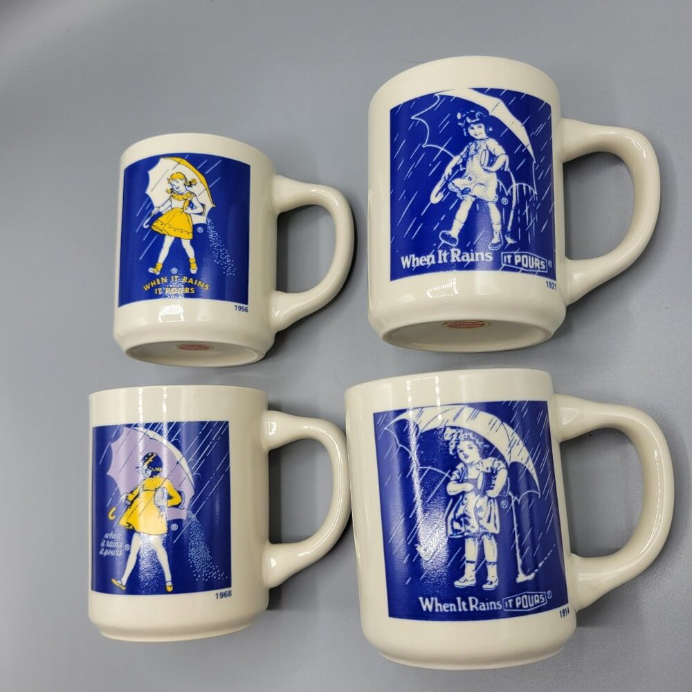 Morton Salt Vintage Mug Set Of 4 Ceramic Coffee Cups 1914 1921 1956 1968 Designs